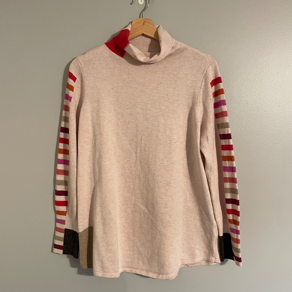 NIC+ZOE Turtleneck Sweater Womens Large Pink Striped Sleeve Colorblock Boho